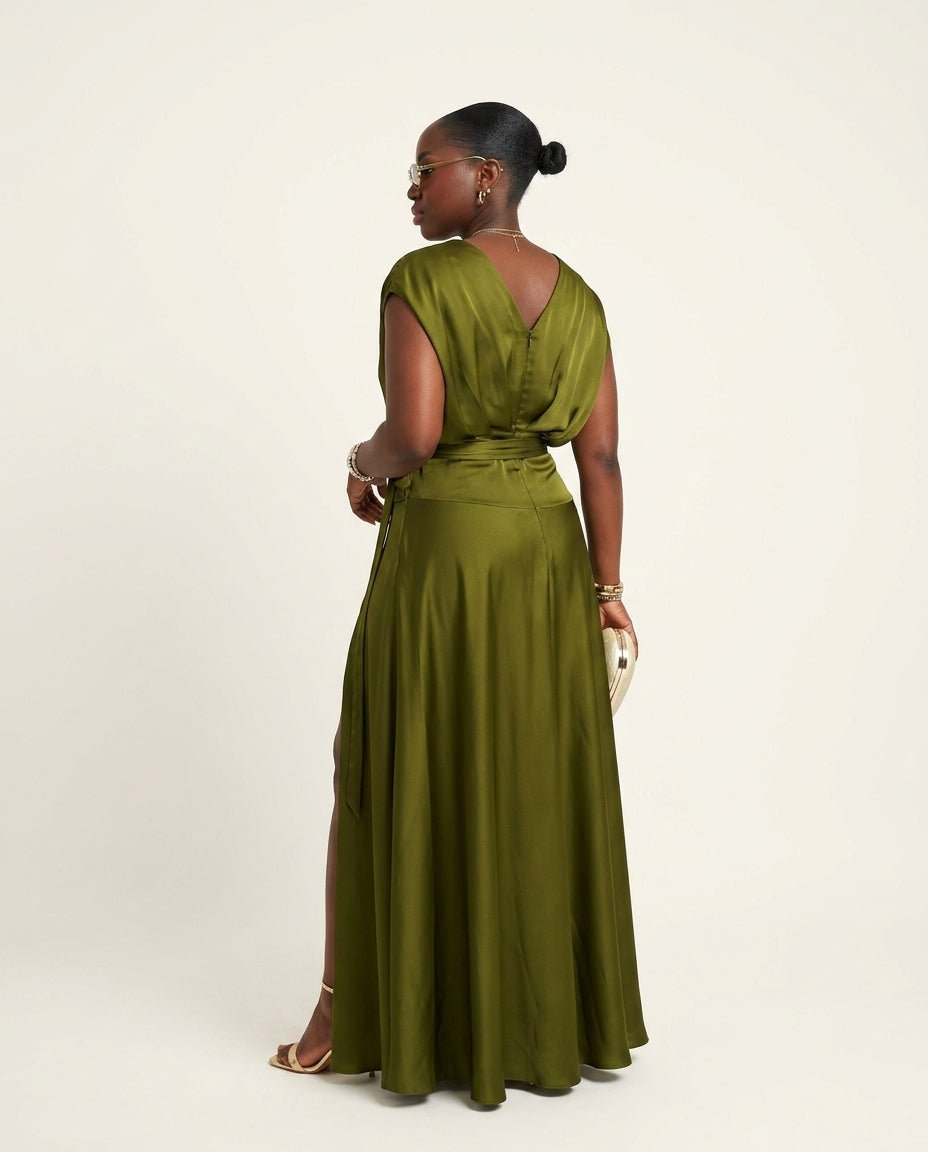 Olive Green Grace Summer Satin Maxi Dress Olive Green Maxi Dress with Asymmetric silhouette and Satin texture, side or back garment view for Resort Dinner, Brunch in SoHo, US Coastal Glam by floravincie