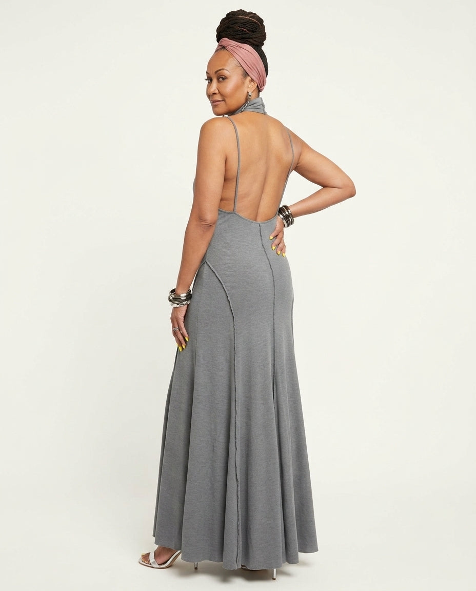 Grey Muse Summer Maxi Dress Grey Maxi Dress with Asymmetric silhouette and Ribbed Knit texture, side or back garment view for Vacation Evening, a Palm Springs weekend, US Coastal Glam by floravincie