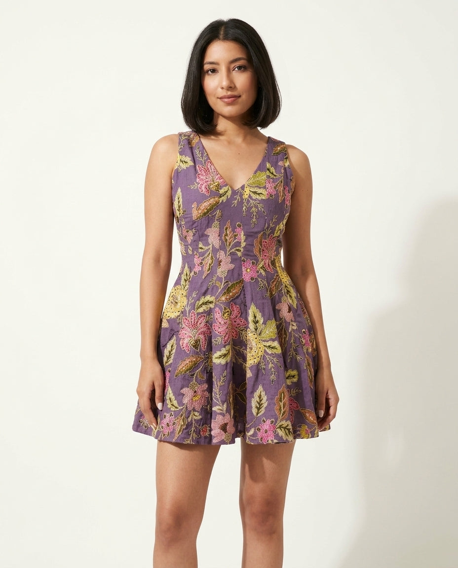 Lilac Reverie Resort Embroidered Romper Lilac Romper with Relaxed Fit silhouette and Textured texture, side or back garment view for Resort Wear, a rooftop dinner in LA, US Coastal Glam by floravincie