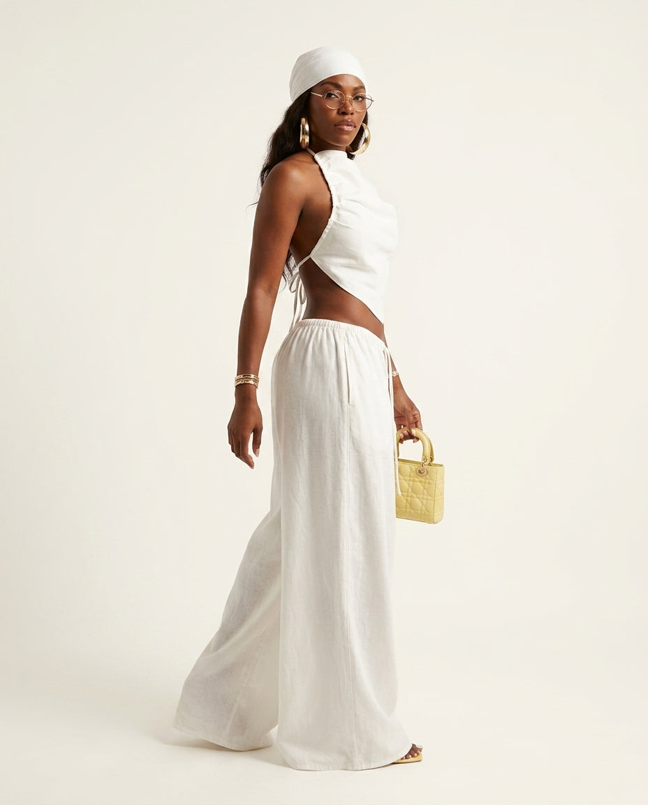 Ivory Whisper Summer Two-Piece Set Ivory Two-Piece Set with Asymmetric silhouette and Textured texture, side or back garment view for Summer Getaway, Sunset in Malibu, US Coastal Glam by floravincie
