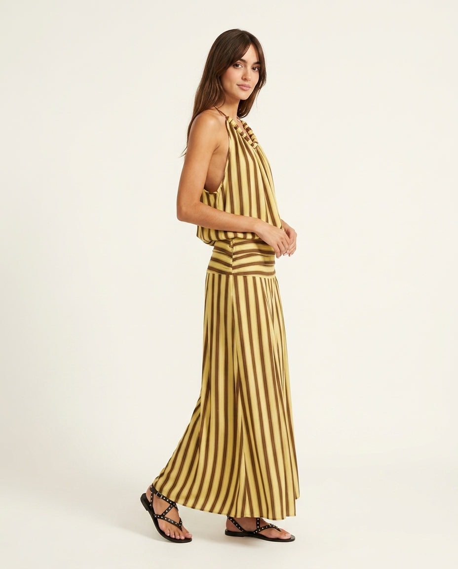 Butter Yellow Charm Resort Striped Romper Butter Yellow Romper with Relaxed Fit silhouette and Textured texture, side or back garment view for Resort Wear, an estate dinner at golden hour, US East / Hamptons Elite by floravincie