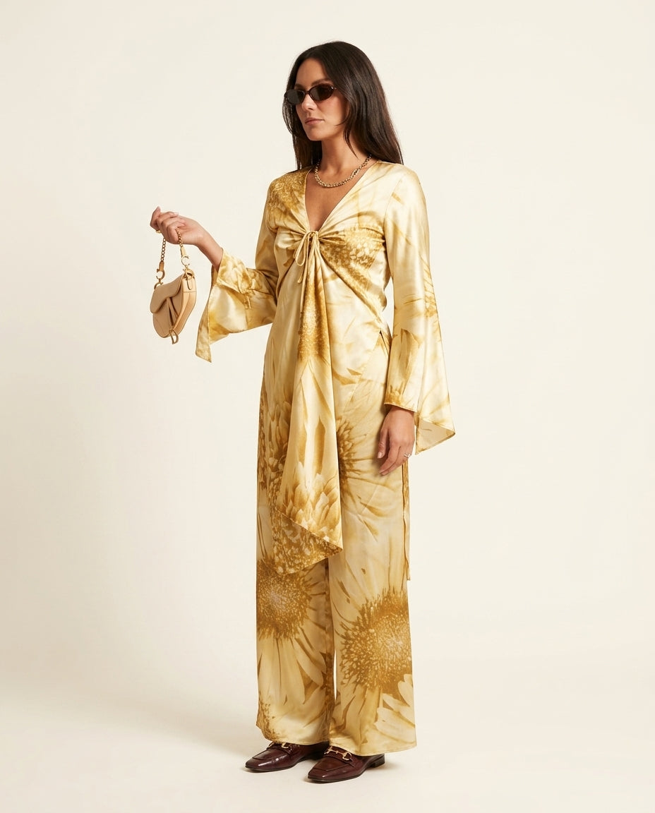 Light Yellow Charm Resort Floral Pant Set Light Yellow Pant Set with Wide-Leg silhouette and Satin texture, side or back garment view for Resort Wear, Evening in Amalfi, Euro Chic Premium by floravincie