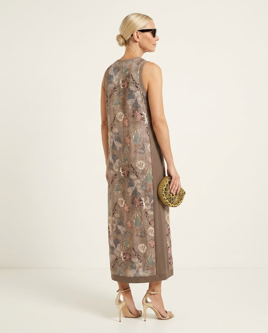 Brown Whisper Summer Embroidered Maxi Dress Brown Maxi Dress with Asymmetric silhouette and Textured texture, side or back garment view for Resort Dinner, Weekend in The Hamptons, US East / Hamptons Elite by floravincie