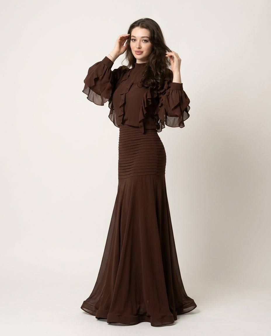 Brown Whisper Evening Ruched Maxi Dress Brown Maxi Dress with Asymmetric silhouette and Textured texture, side or back garment view for Date Night, a London dinner reservation, Euro Chic Premium by floravincie