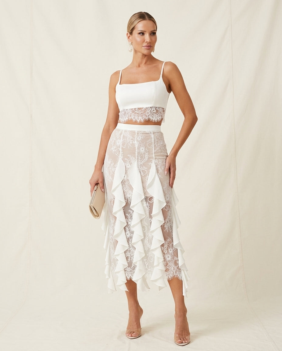 Ivory Aura Evening Lace Skirt Set Ivory Skirt Set with Cropped silhouette and Satin texture, side or back garment view for Resort Wear, a gallery opening in Paris, Euro Chic Premium by floravincie