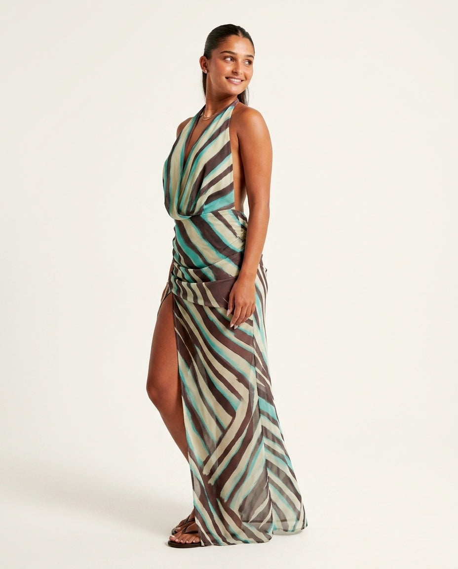 Brown Solace Evening Abstract Print Maxi Dress Brown Maxi Dress with Asymmetric silhouette and Textured texture, side or back garment view for Resort Wear, a Palm Springs weekend, US Coastal Glam by floravincie