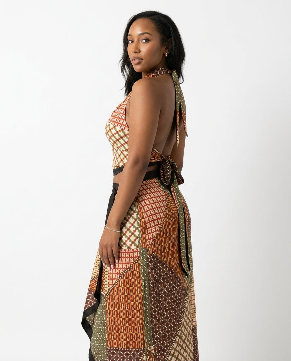 Multi-Color Grace Resort Abstract Print Skirt Set Multi-Color Skirt Set with Asymmetric silhouette and Satin texture, side or back garment view for Resort Wear, Brunch in SoHo, US Coastal Glam by floravincie