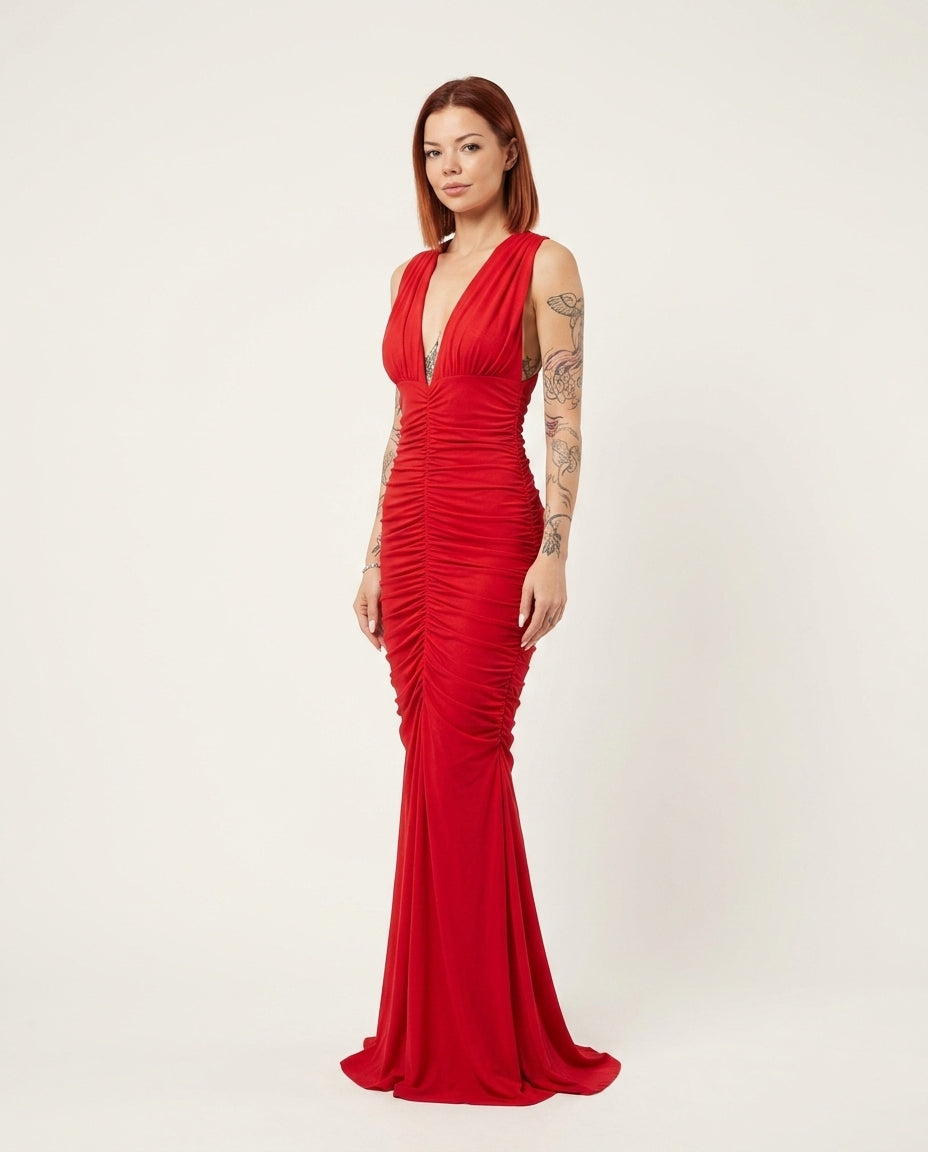 Red Aura Evening Ruched Maxi Dress Red Maxi Dress with Relaxed Fit silhouette and Ribbed Knit texture, side or back garment view for Date Night, a polished coastal brunch, US East / Hamptons Elite by floravincie