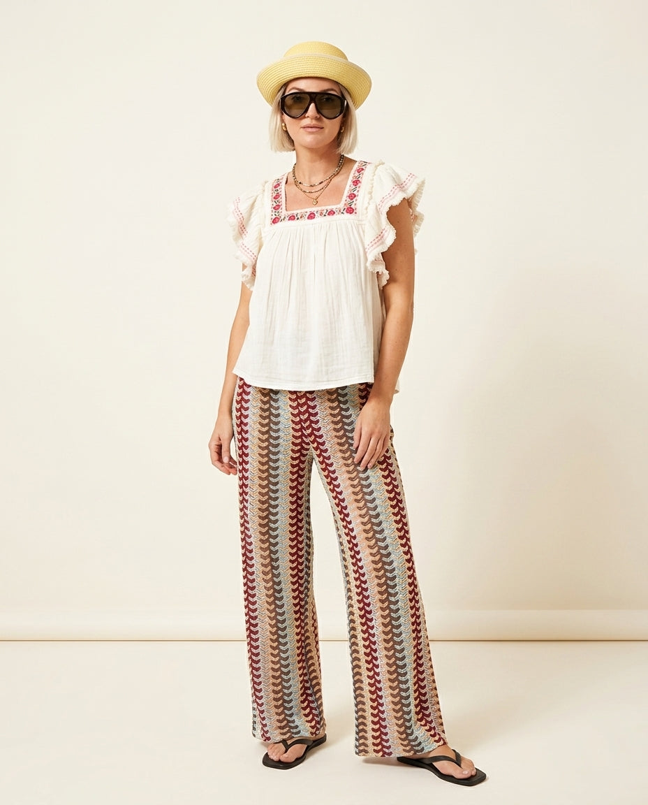 Ivory Bloom Summer Embroidered Two-Piece Set Ivory Two-Piece Set with Asymmetric silhouette and Textured texture, side or back garment view for Weekend Escape, Brunch in SoHo, US Coastal Glam by floravincie