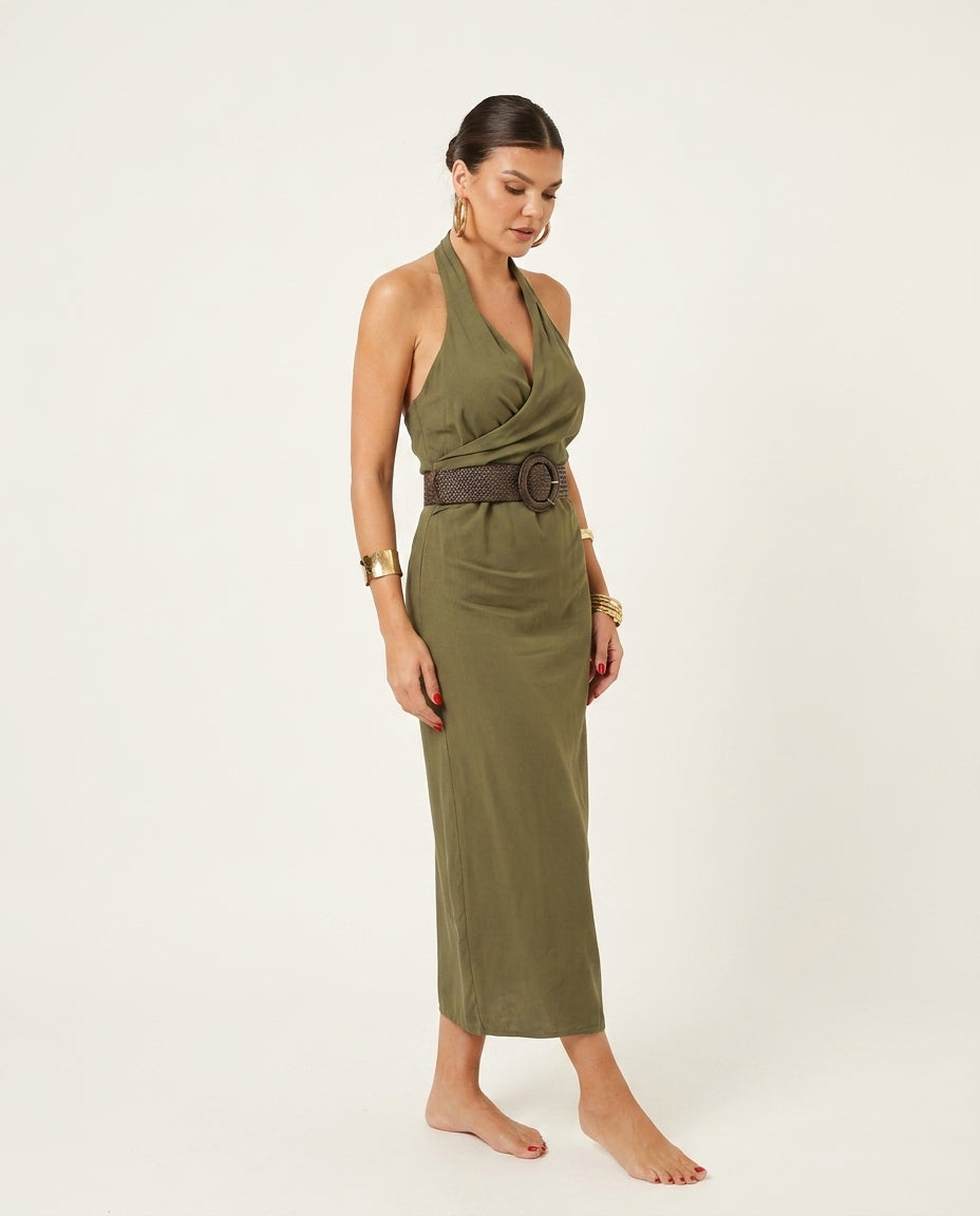 Olive Green Reverie Resort Linen Maxi Dress Olive Green Maxi Dress with Asymmetric silhouette and Linen Blend texture, side or back garment view for Resort Wear, a polished coastal brunch, US East / Hamptons Elite by floravincie