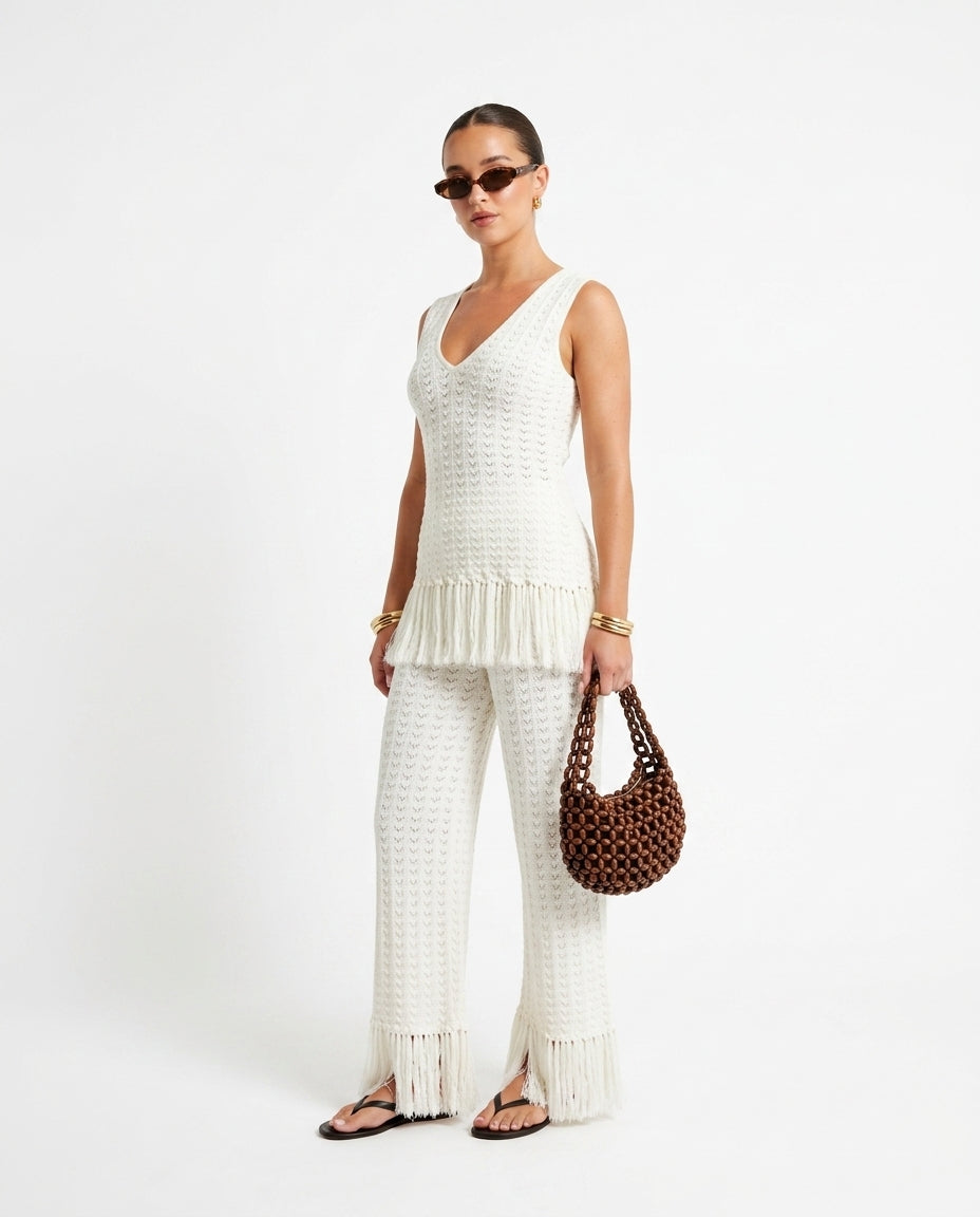 Ivory Bloom Resort Printed Romper Ivory Romper with Wide-Leg silhouette and Ribbed Knit texture, side or back garment view for Resort Wear, Coffee in Marais, Euro Chic Premium by floravincie