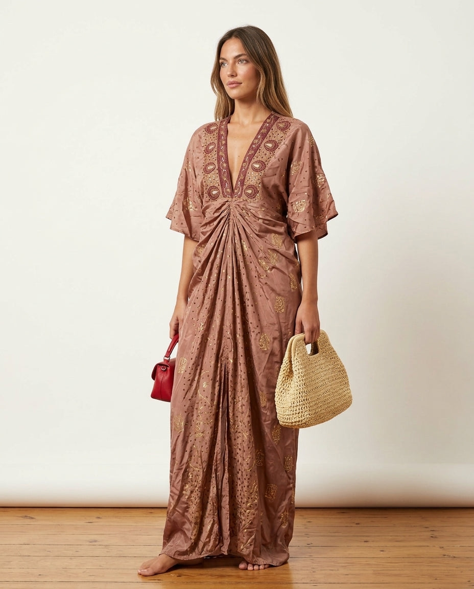 Blush Velvet Embroidered Maxi Dress Blush Maxi Dress with Asymmetric silhouette and Textured texture, side or back garment view for Resort Dinner, Brunch in SoHo, US Coastal Glam by floravincie