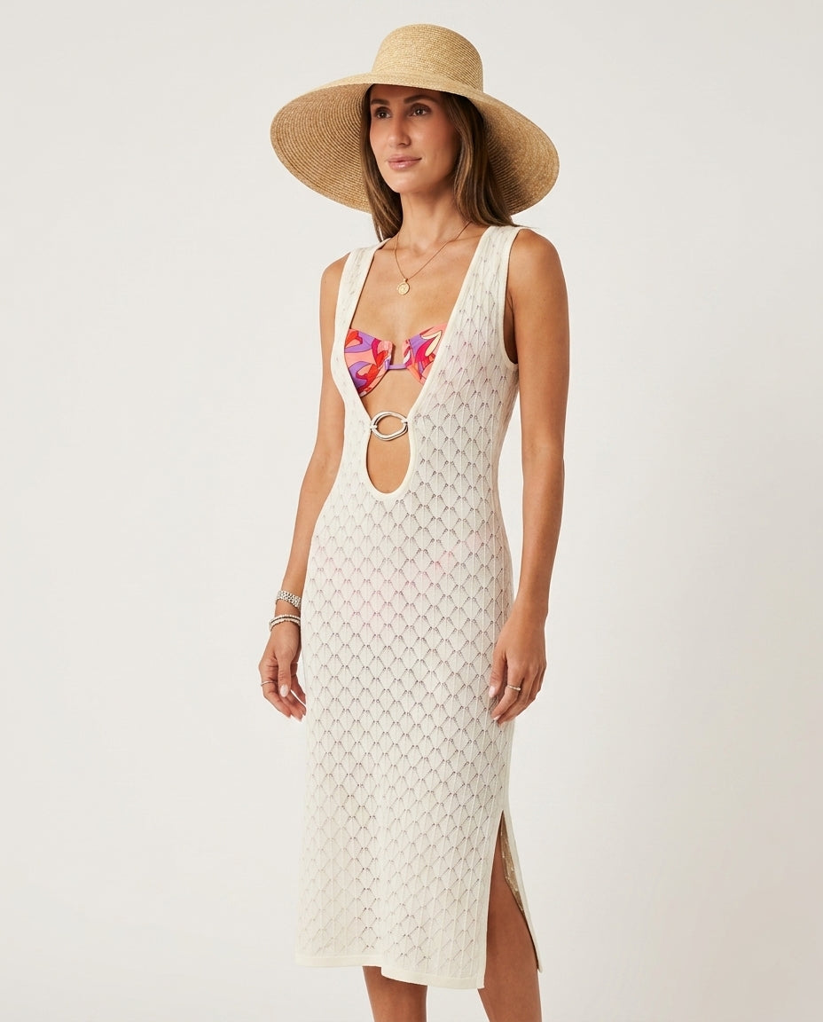 Ivory Muse Resort V-Neck Maxi Dress Ivory Maxi Dress with Asymmetric silhouette and Ribbed Knit texture, side or back garment view for Resort Wear, a London dinner reservation, Euro Chic Premium by floravincie