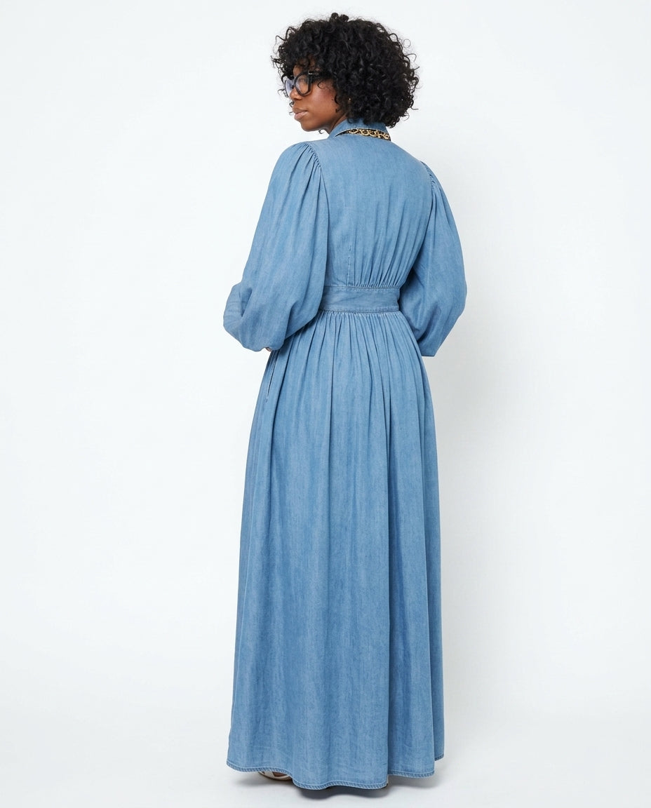 Denim Velvet Summer Maxi Dress Denim Maxi Dress with Relaxed Fit silhouette and Textured texture, side or back garment view for Rooftop Brunch, Sunset in Malibu, US Coastal Glam by floravincie