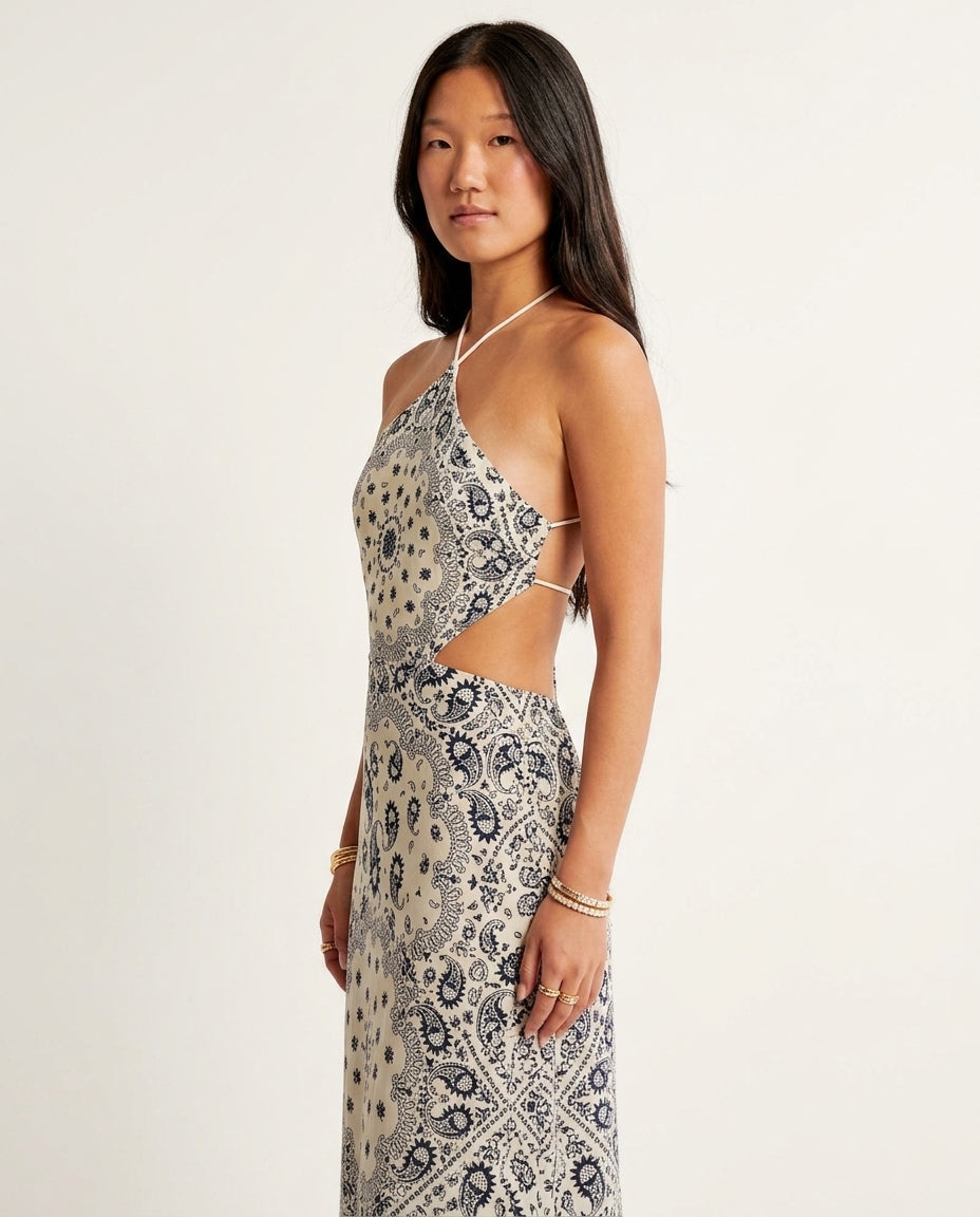 Ivory Aura Resort Printed Maxi Dress Ivory Maxi Dress with Asymmetric silhouette and Textured texture, side or back garment view for Resort Wear, a Palm Springs weekend, US Coastal Glam by floravincie