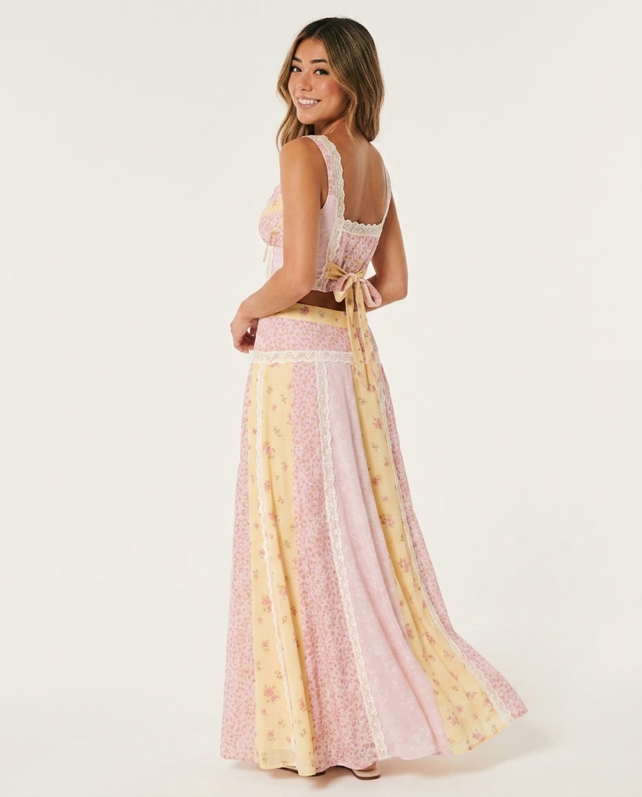 Pink Aura Resort Lace Skirt Set Pink Skirt Set with Asymmetric silhouette and Textured texture, side or back garment view for Resort Wear, Brunch in SoHo, US Coastal Glam by floravincie