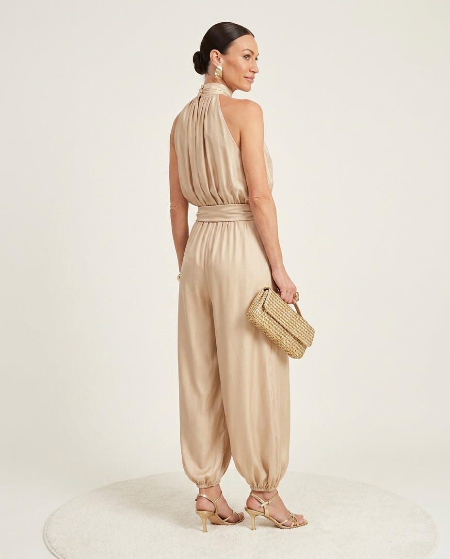Sand Charm Summer Halter Romper Sand Romper with Relaxed Fit silhouette and Textured texture, side or back garment view for City Evening, a London dinner reservation, Euro Chic Premium by floravincie