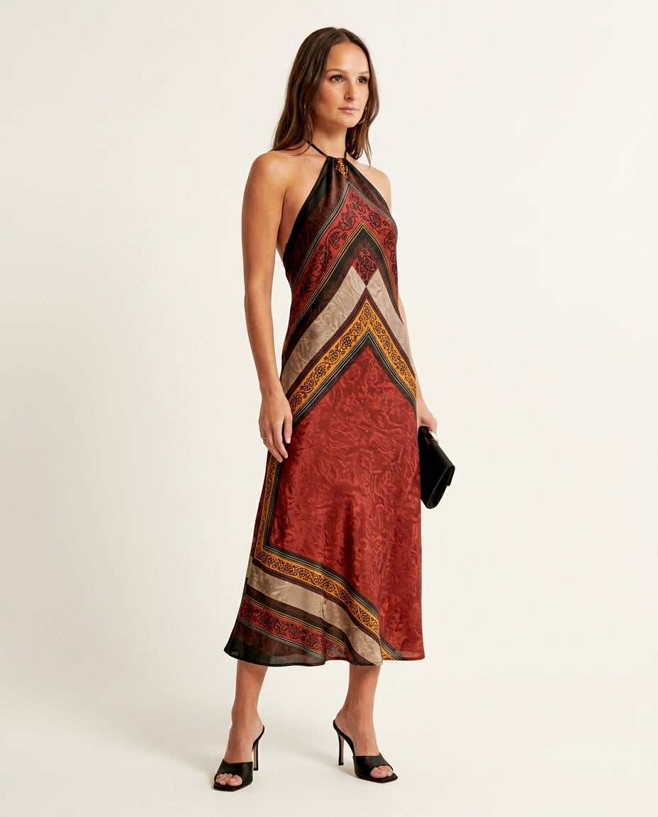 Rust Glow Resort Printed Maxi Dress Rust Maxi Dress with Relaxed Fit silhouette and Satin texture, side or back garment view for Resort Wear, Evening in Amalfi, Euro Chic Premium by floravincie