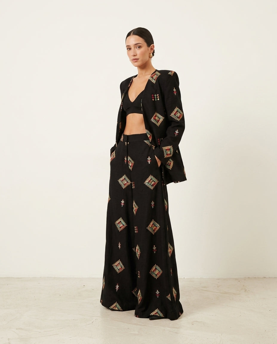 Black Bloom Summer Embroidered Jacket Black Jacket with Wide-Leg silhouette and Textured texture, side or back garment view for Office Edit, Weekend in The Hamptons, US East / Hamptons Elite by floravincie