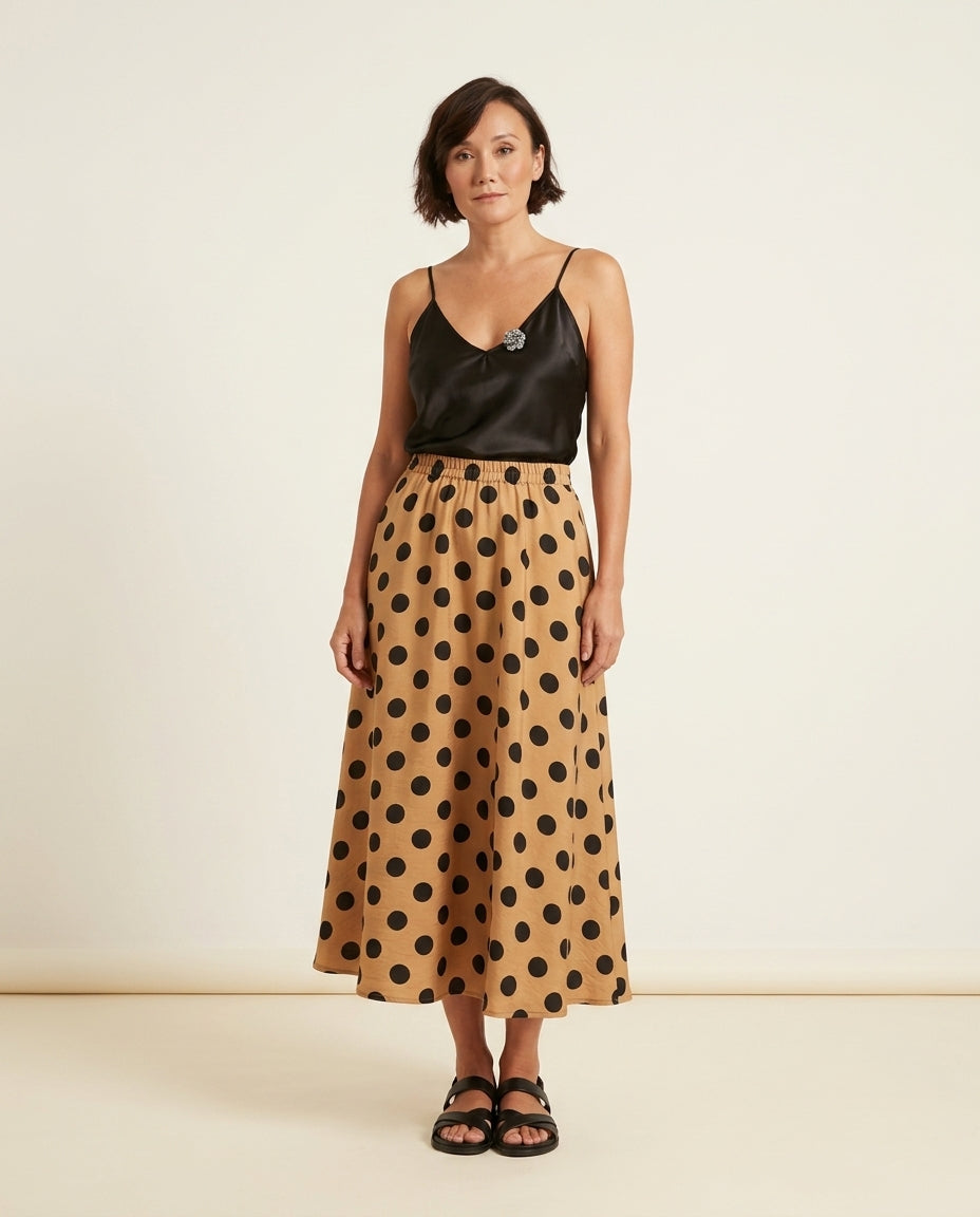 Sand Charm Summer Polka Dot Maxi Skirt Sand Maxi Skirt with Asymmetric silhouette and Textured texture, side or back garment view for Summer Edit, a London dinner reservation, Euro Chic Premium by floravincie
