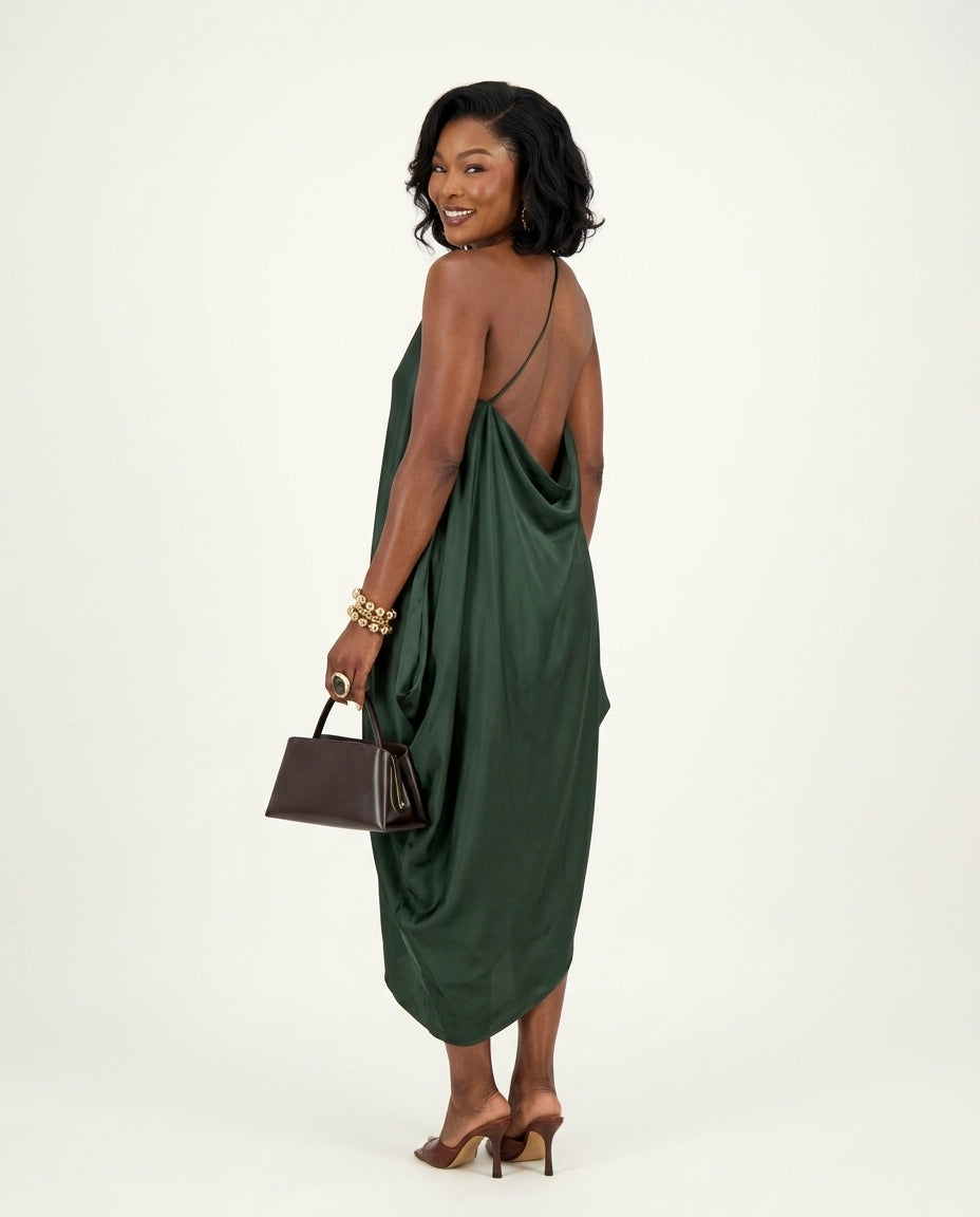 Dark Green Velvet Resort Satin Maxi Dress Dark Green Maxi Dress with Asymmetric silhouette and Satin texture, side or back garment view for Resort Wear, a gallery opening in Paris, Euro Chic Premium by floravincie