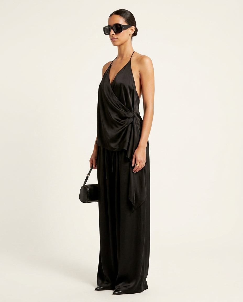 Black Velvet Evening Satin Pant Set Black Pant Set with Asymmetric silhouette and Satin texture, side or back garment view for Resort Wear, Brunch in SoHo, US Coastal Glam by floravincie