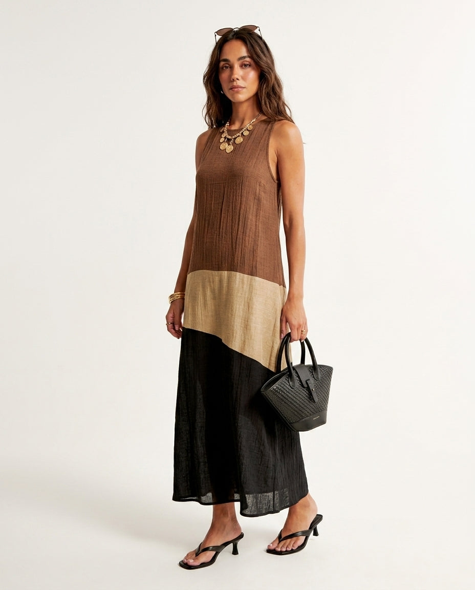 Brown Charm Resort Textured Maxi Dress Brown Maxi Dress with Asymmetric silhouette and Textured texture, side or back garment view for Resort Wear, an estate dinner at golden hour, US East / Hamptons Elite by floravincie