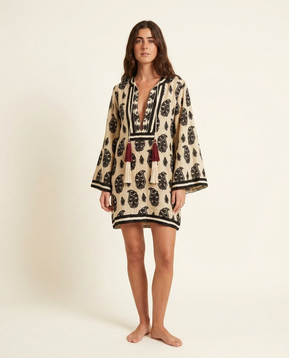 Sand Whisper Resort Paisley Maxi Dress Sand Maxi Dress with Asymmetric silhouette and Linen Blend texture, side or back garment view for Resort Wear, a gallery opening in Paris, Euro Chic Premium by floravincie