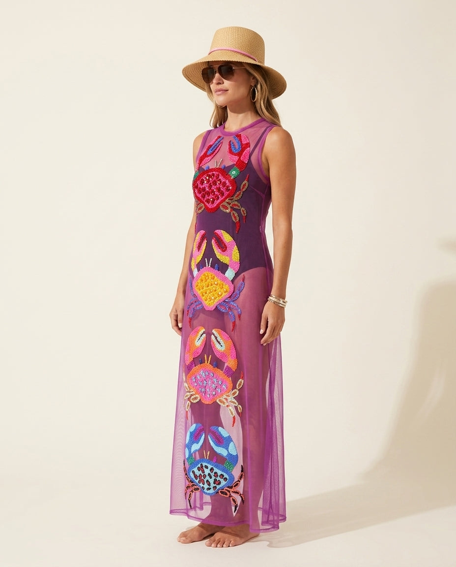 Lilac Poise Resort Embroidered Maxi Dress Lilac Maxi Dress with Asymmetric silhouette and Textured texture, side or back garment view for Resort Wear, Sunset in Malibu, US Coastal Glam by floravincie
