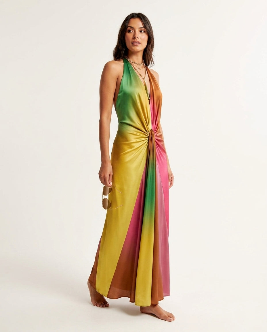 Pink Velvet Summer Halter Maxi Dress Pink Maxi Dress with Relaxed Fit silhouette and Textured texture, side or back garment view for Resort Dinner, Sunset in Malibu, US Coastal Glam by floravincie
