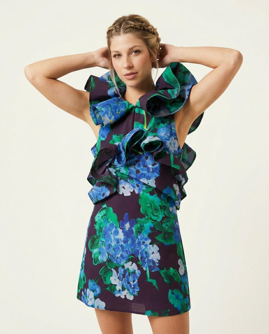 Navy Velvet Floral Maxi Dress Navy Maxi Dress with Asymmetric silhouette and Textured texture, side or back garment view for Rooftop Brunch, a rooftop dinner in LA, US Coastal Glam by floravincie