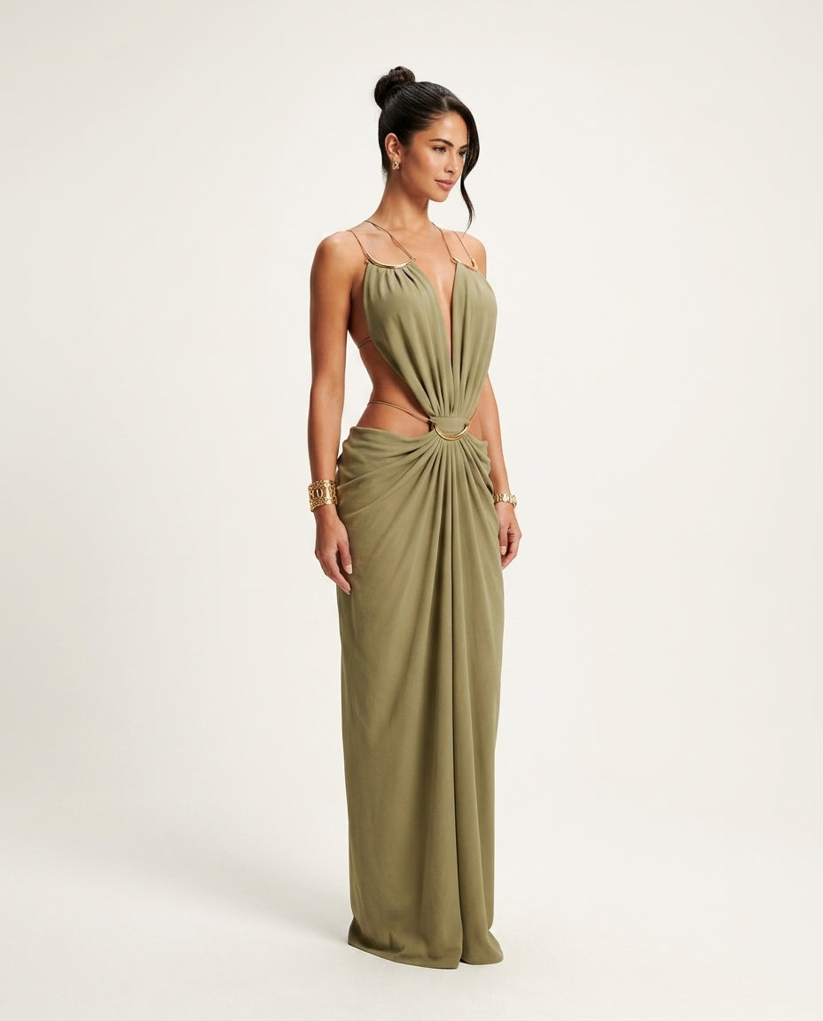 Olive Muse Evening Maxi Dress Olive Maxi Dress with Asymmetric silhouette and Textured texture, side or back garment view for Date Night, a private garden lunch, US East / Hamptons Elite by floravincie