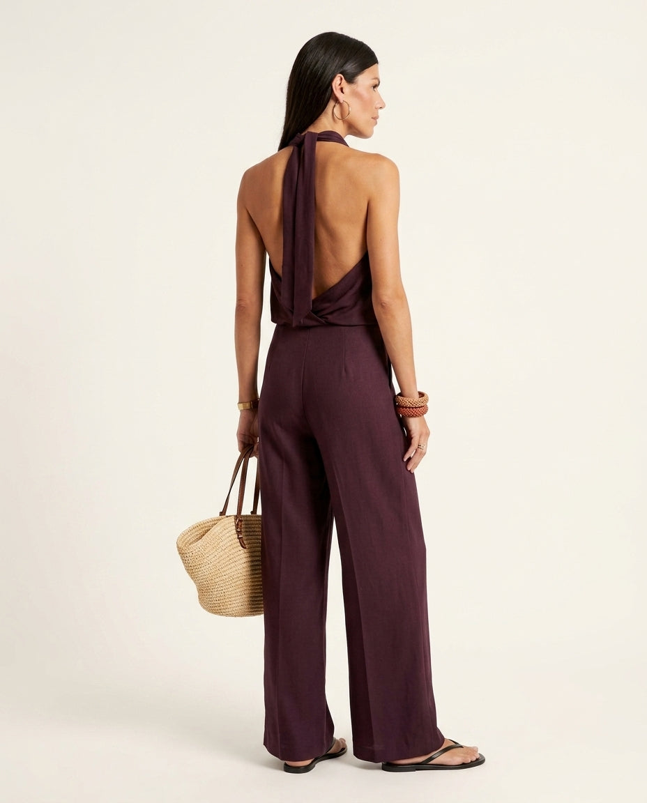 Lilac Glow Summer Halter Jumpsuit Lilac Jumpsuit with Wide-Leg silhouette and Textured texture, side or back garment view for Vacation Night, Weekend in The Hamptons, US East / Hamptons Elite by floravincie