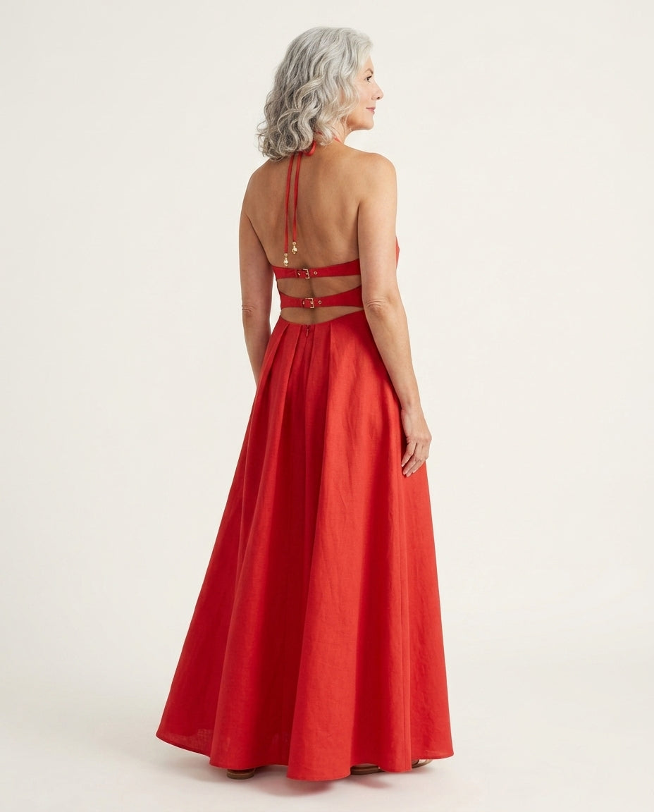 Red Velvet Resort Linen Maxi Dress Red Maxi Dress with Relaxed Fit silhouette and Linen Blend texture, side or back garment view for Resort Wear, Sunset in Malibu, US Coastal Glam by floravincie