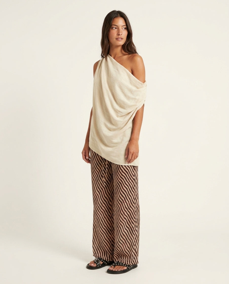 Ivory Lustre Resort Top Ivory Top with Asymmetric silhouette and Ribbed Knit texture, side or back garment view for Resort Wear, a London dinner reservation, Euro Chic Premium by floravincie