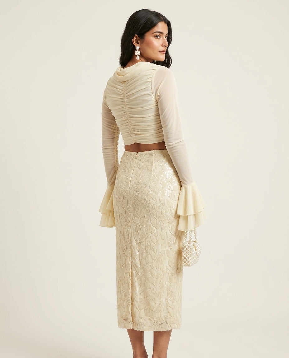 Ivory Lustre Evening Ruched Two-Piece Set Ivory Two-Piece Set with Asymmetric silhouette and Textured texture, side or back garment view for Date Night, a rooftop dinner in LA, US Coastal Glam by floravincie