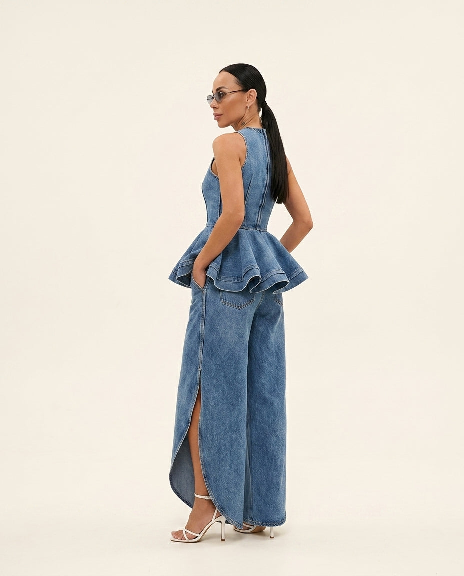 Denim Blue Bloom Summer Denim Pant Set Denim Blue Pant Set with Asymmetric silhouette and Textured texture, side or back garment view for Weekend Escape, Brunch in SoHo, US Coastal Glam by floravincie