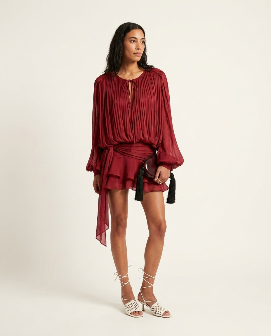 Burgundy Grace Evening Pleated Maxi Dress Burgundy Maxi Dress with Asymmetric silhouette and Textured texture, side or back garment view for Date Night, Sunset in Malibu, US Coastal Glam by floravincie