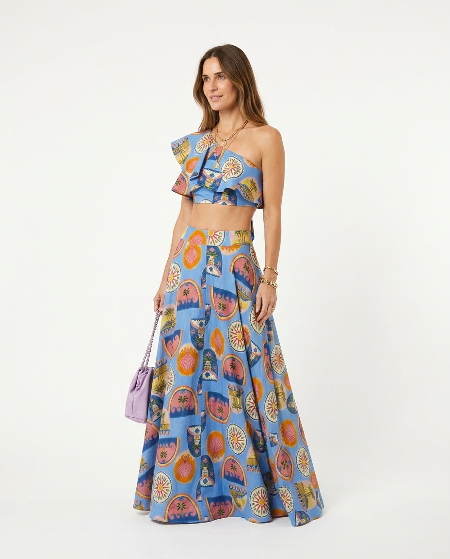Blue Grace Summer Printed Two-Piece Set Blue Two-Piece Set with Asymmetric silhouette and Textured texture, side or back garment view for Weekend Escape, a rooftop dinner in LA, US Coastal Glam by floravincie