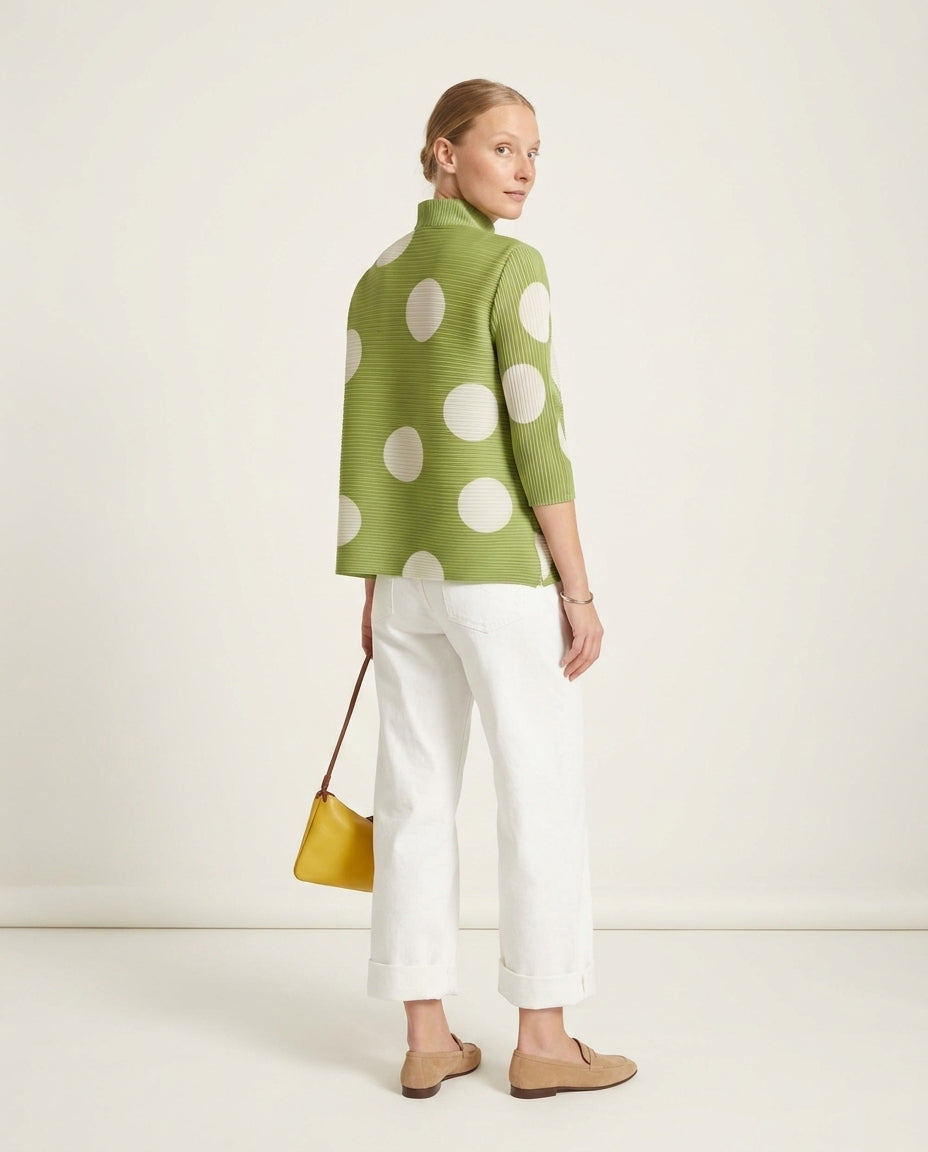 Sage Glow Resort Polka Dot Romper Sage Romper with Structured silhouette and Ribbed Knit texture, side or back garment view for Resort Wear, an estate dinner at golden hour, US East / Hamptons Elite by floravincie