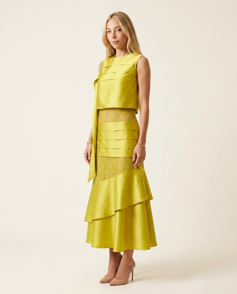 Lime Charm Evening Lace Two-Piece Set Lime Two-Piece Set with Asymmetric silhouette and Satin texture, side or back garment view for Date Night, a Palm Springs weekend, US Coastal Glam by floravincie