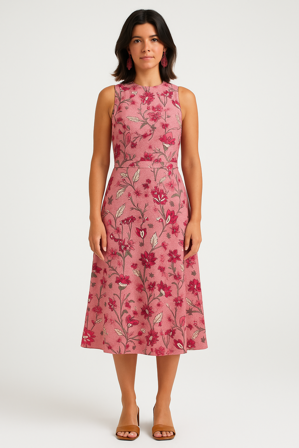 Pink Floral Belted Belted Waist Midi Dress product image 3