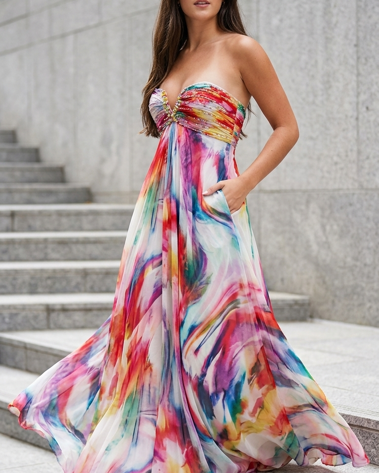 Abstract Print Beaded Embellishments Pockets Maxi Dress product image 3