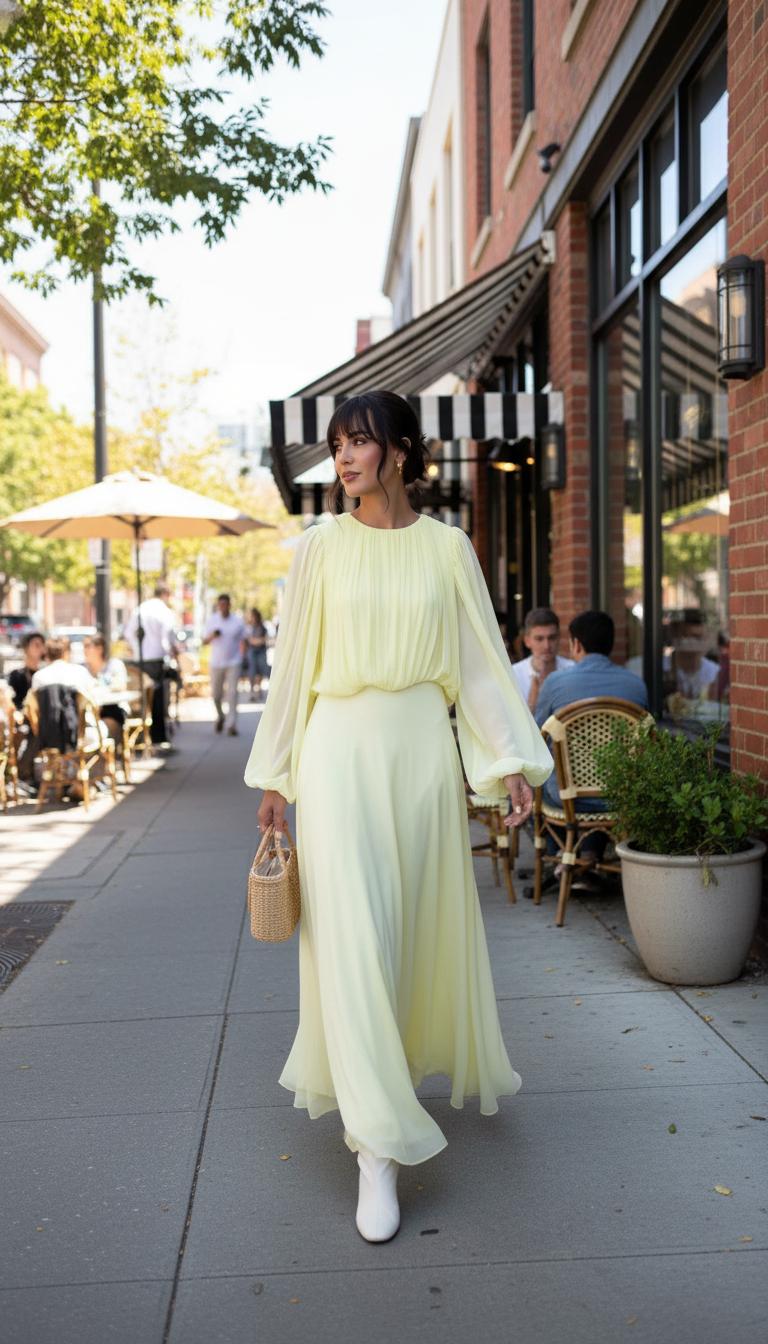 Yellow Pleated Pleated Bodice Flowing Skirt Dress product image 3