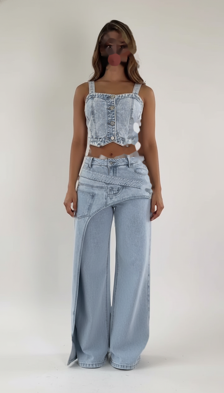 Light Blue Wide-Leg Cropped Button Closure Pant Set product image 3