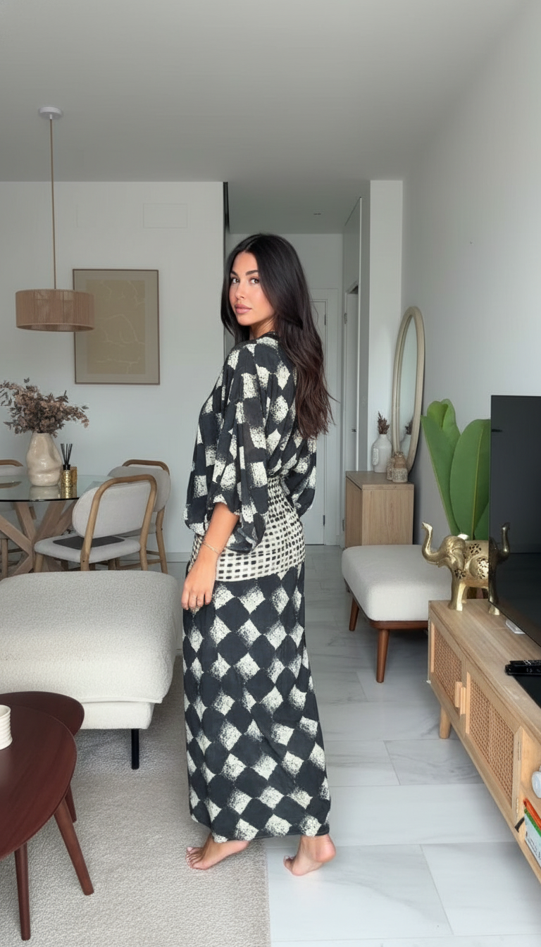 Black Geometric Print V-Neck Belted Kaftan Dress product image 3