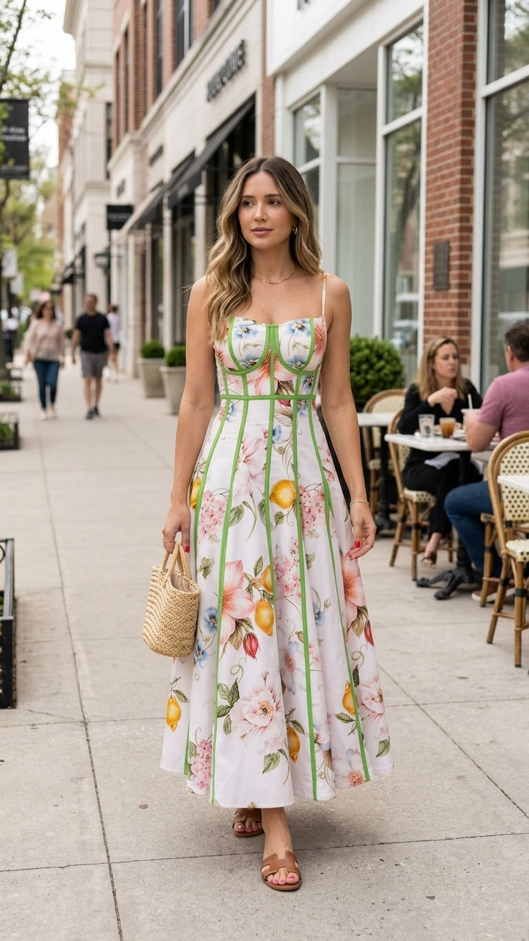 White Floral Contrast Piping Floral Print Maxi Dress product image 3