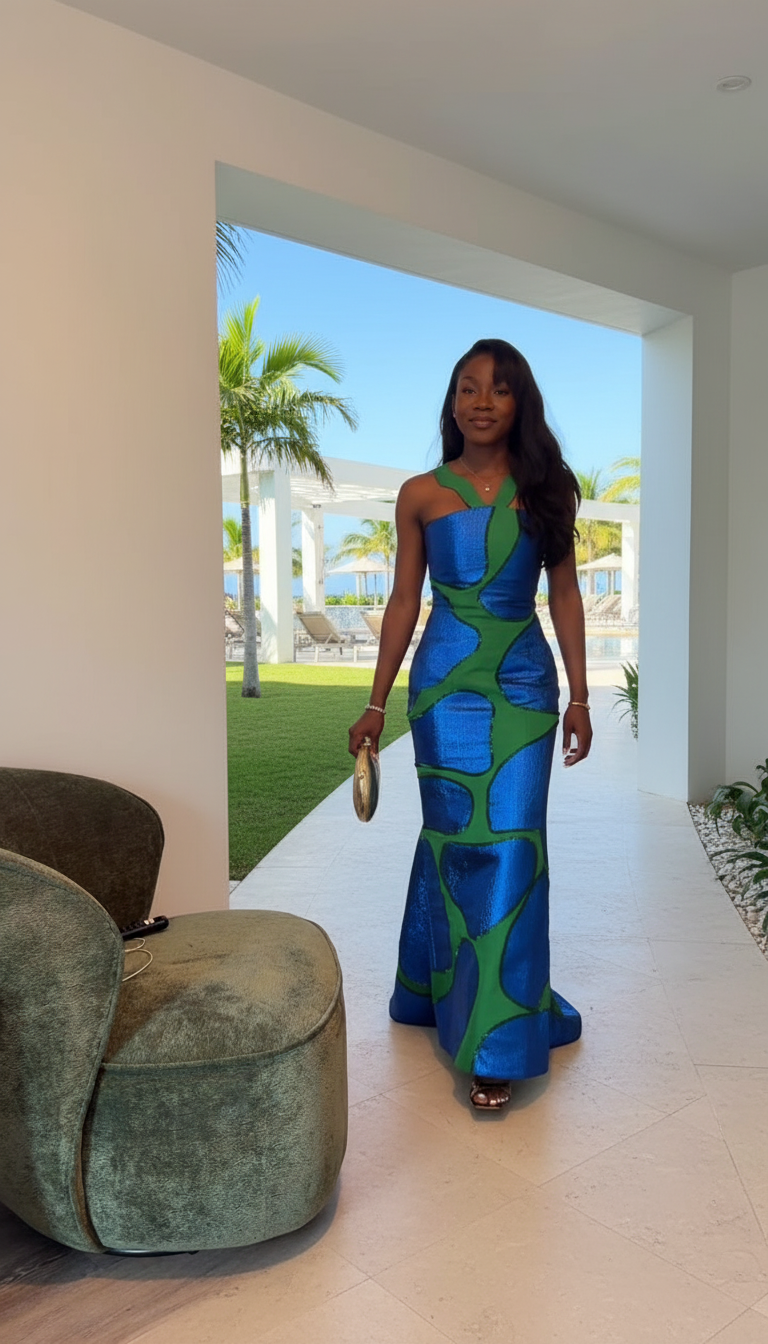 Blue Abstract Print Satin Silk Maxi Dress product image 3