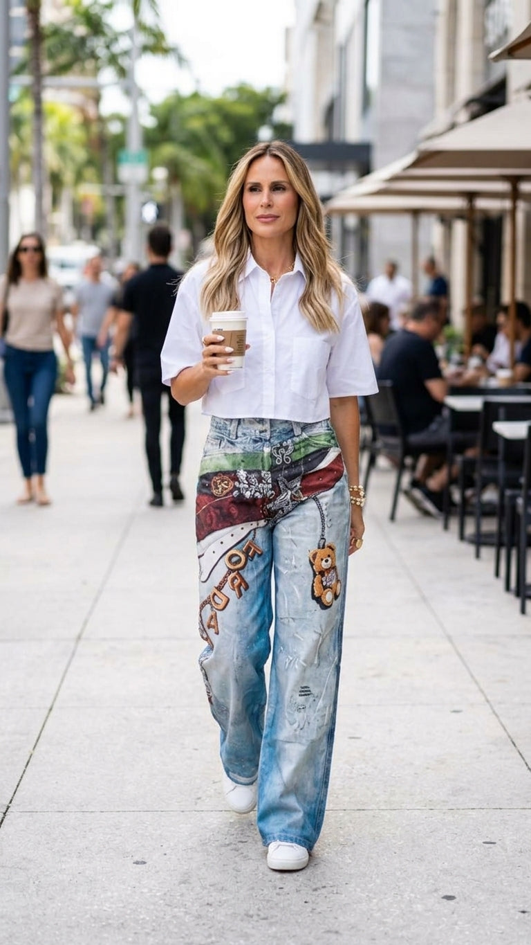 Blue Graphic Print Wide-Leg Graphic Elements Denim Jeans product image 3