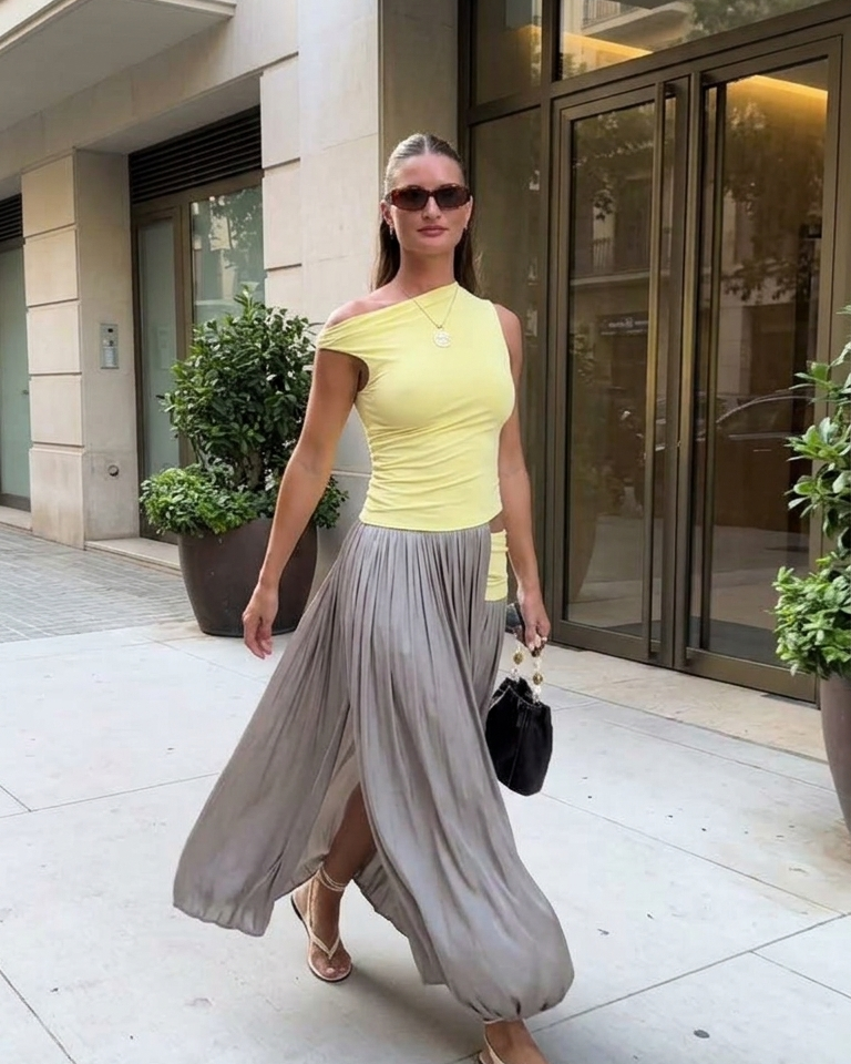 Yellow Asymmetrical Design High Waist Skirt Set product image 3